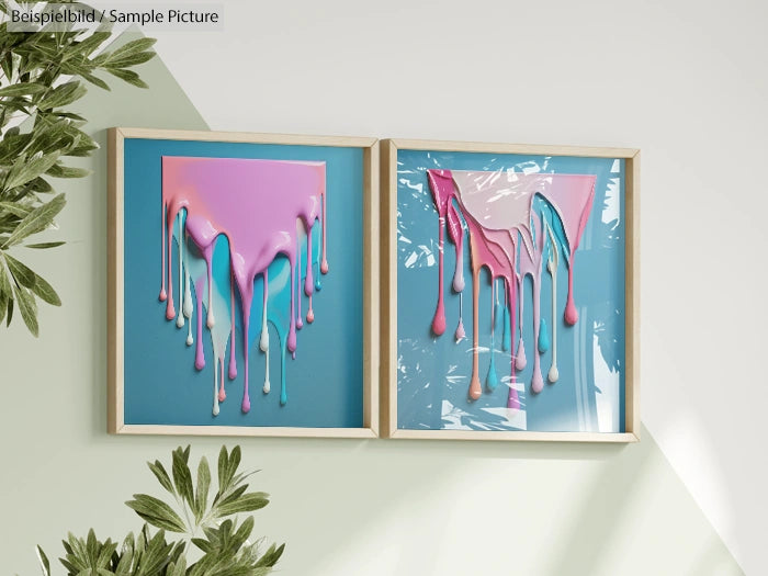 Two framed abstract art pieces with colorful paint drips, one pink and blue, the other pink and teal, on a light background.