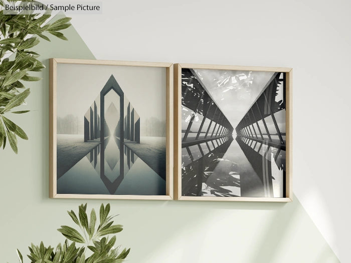 Two framed abstract architectural artworks on a light green wall, with leafy plants in the corners.