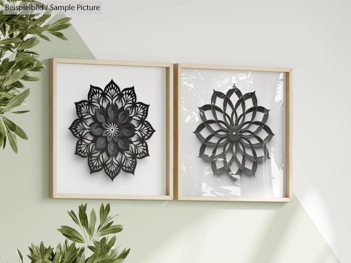 Two framed geometric paper art designs with intricate patterns, displayed on a wall with leafy decor accents.