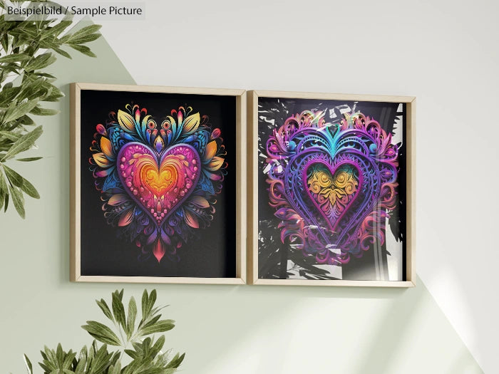 Two framed abstract heart artworks with vibrant colors, displayed on a light wall with greenery at the edges.