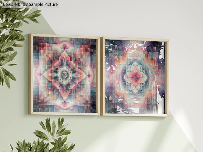 Two abstract geometric paintings with kaleidoscopic patterns, in pastel colors, framed and hung on a light green wall.