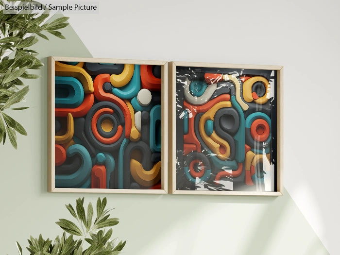 Two abstract art pieces with colorful, intertwined 3D shapes in wooden frames hung on a light green wall.