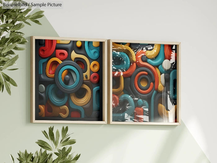 Abstract wall art with colorful geometric shapes in wooden frames, against a light green wall, and leafy plant decor.