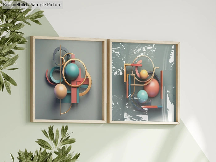 Two framed abstract geometric artworks with spheres and lines in a minimalist room with greenery visible.