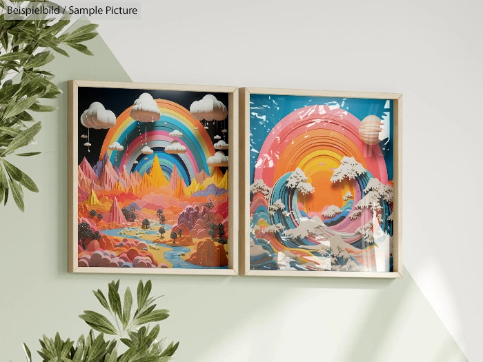 Two colorful rainbow-themed paintings with nature scenes, framed and hanging on a light-colored wall with plants nearby.