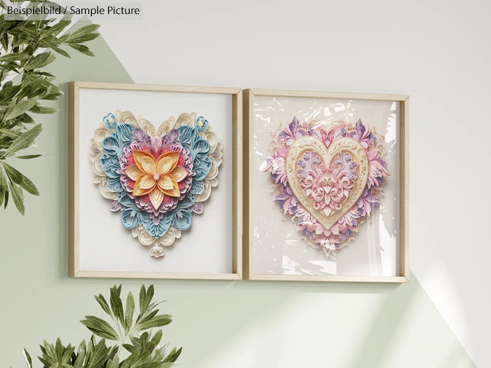 Two framed paper art hearts with intricate floral designs in pastel colors, displayed on a light wall with green leaves.