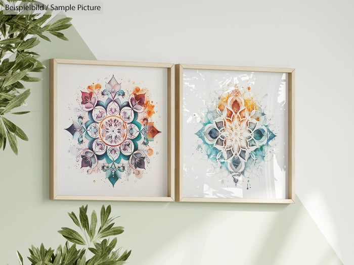 Two framed mandala artworks with vibrant colors, including teal, purple, and orange, displayed on a light green wall.