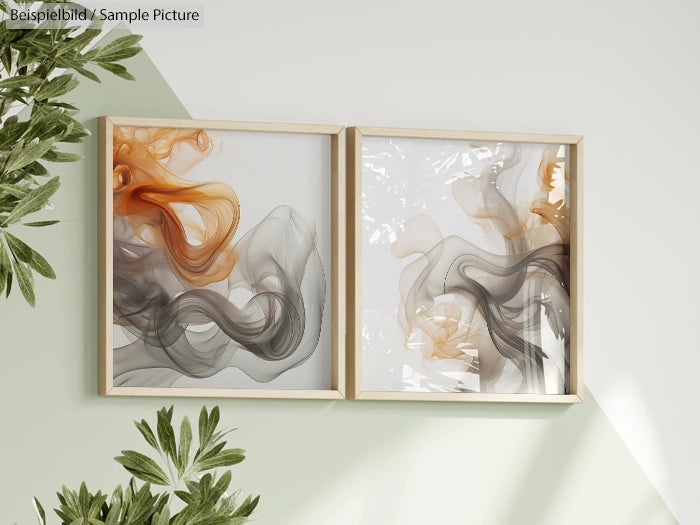 Two abstract paintings with swirling orange and gray patterns in frames, set against a light background with greenery.