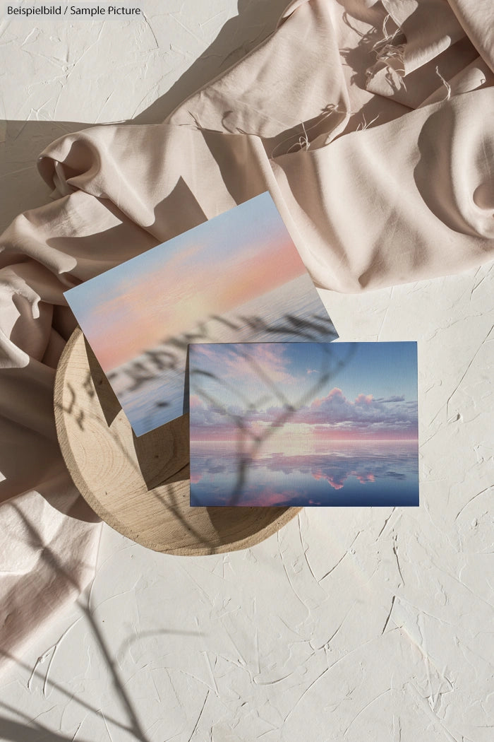 Two pastel-colored photographs on beige fabric with wooden tray, featuring serene landscapes and a soft palette.