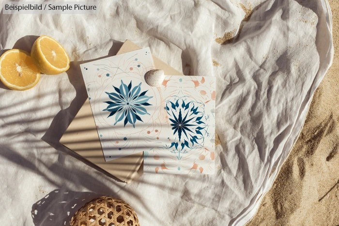 Two cards with floral designs on a sandy cloth, surrounded by lemons and a seashell.