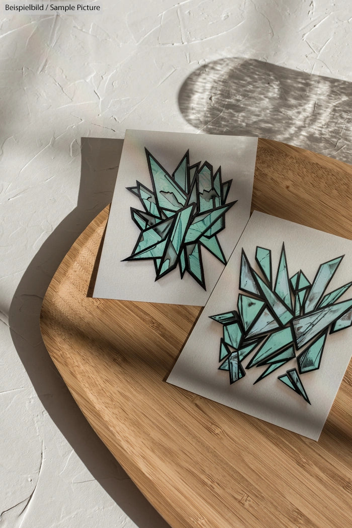 Two geometric stained glass designs with turquoise shards on wooden tray, casting shadows on textured surface.