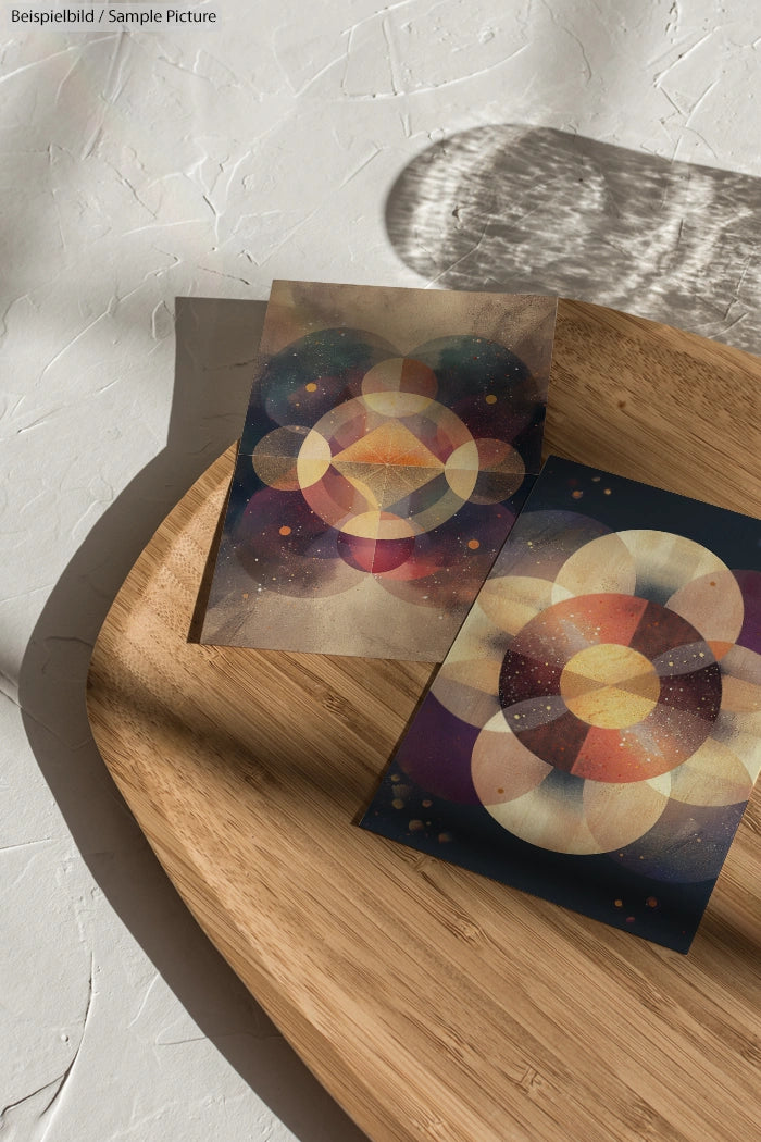 Two colorful geometric art prints on a wooden tray under sunlight.