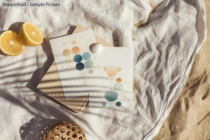 Abstract art prints with circular designs on a sandy beach with sliced lemons and a woven lantern.