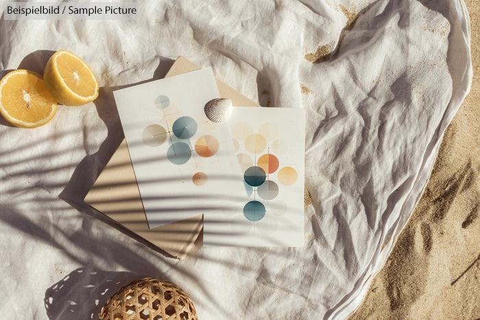 Art prints with geometric designs on sandy beach blanket with lemon halves and seashell under sunlight.