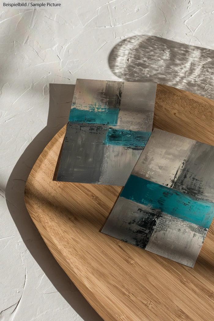 Abstract modern paintings with gray and teal sections on a wooden surface, illuminated by soft natural light.