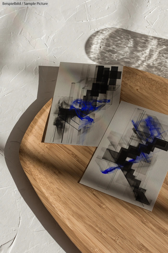 Abstract art with black and blue geometric forms on paper, placed on a wooden tray with textured shadows.