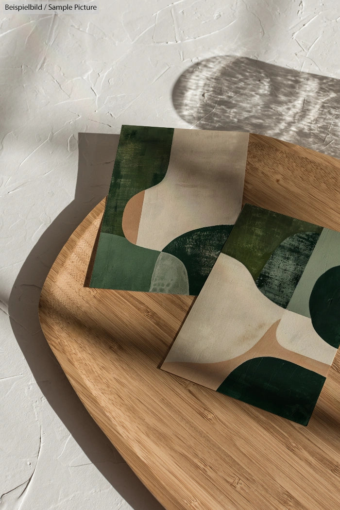 Two abstract green and beige art prints on a wooden tray with a sunlight shadow pattern on a textured white surface.