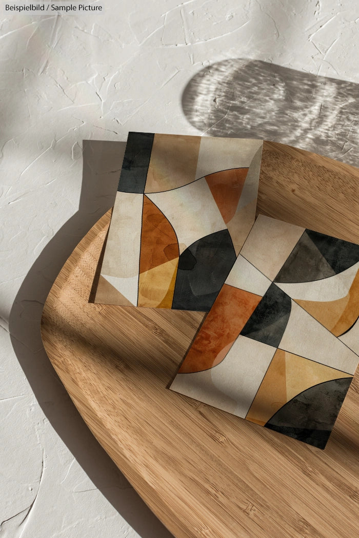 Two abstract art prints on a wooden tray with geometric shapes in earth tones and varied lighting.