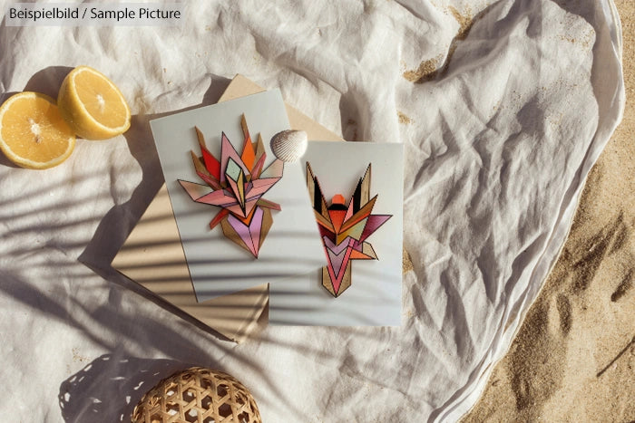 Art prints on sand with sliced lemons and wicker ball, featuring geometric floral designs in pink and orange hues.