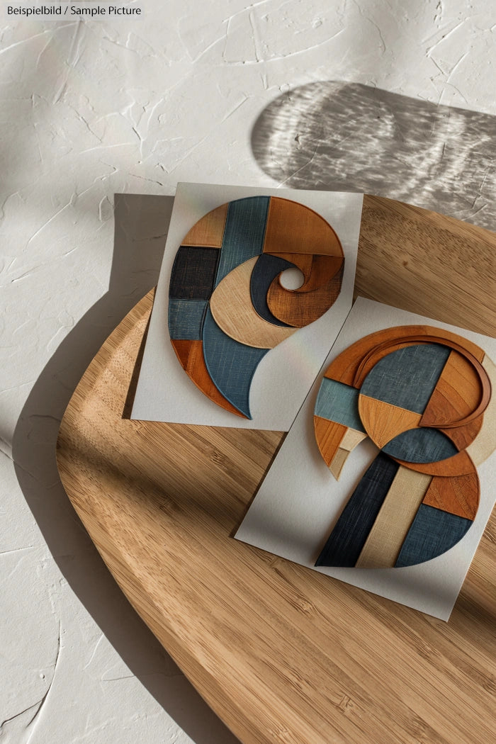 Two abstract geometric artworks with wood texture resting on a wooden tray, casting shadows on a white textured surface.