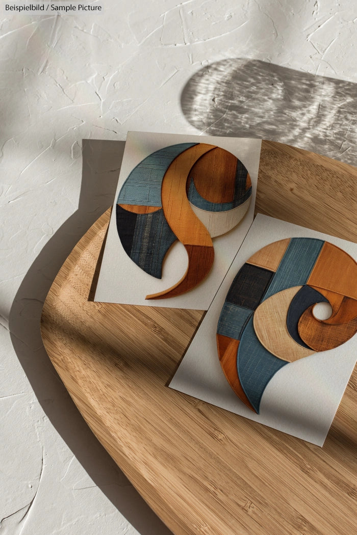 Two abstract geometric art pieces on a wooden tray with natural light casting shadows on a textured surface.