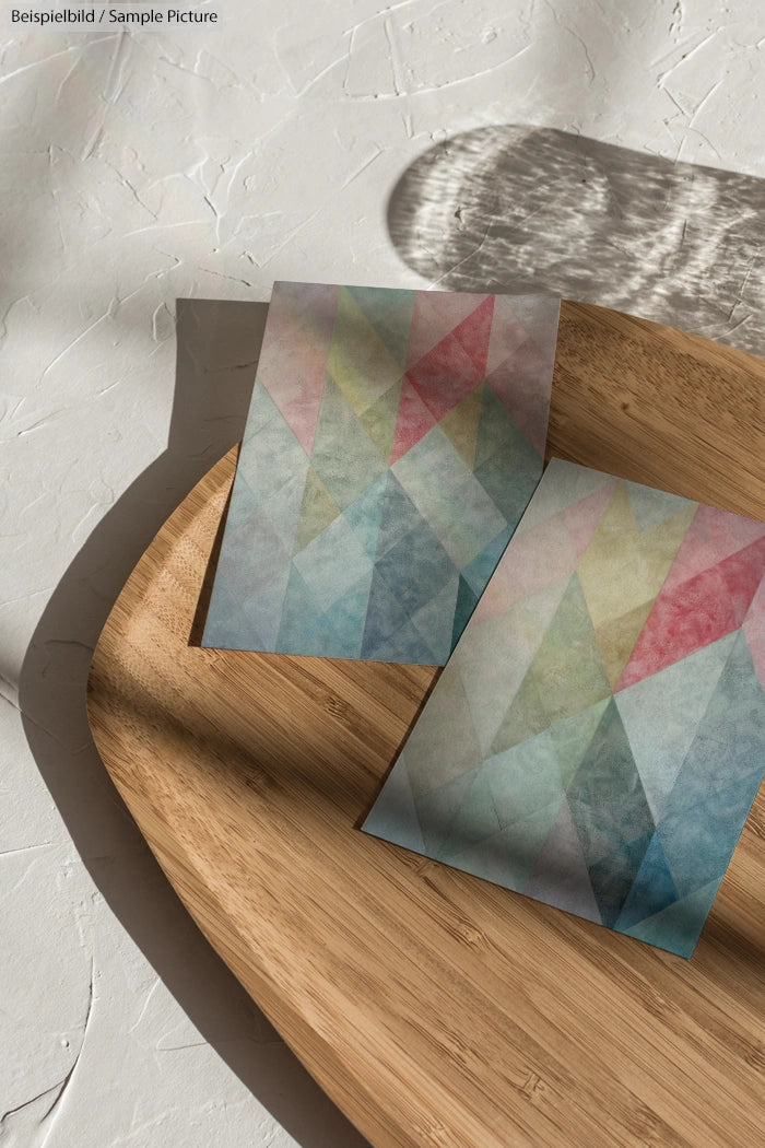 Two geometric pattern prints with pastel colors on a wooden tray, casting shadows on a textured white surface.