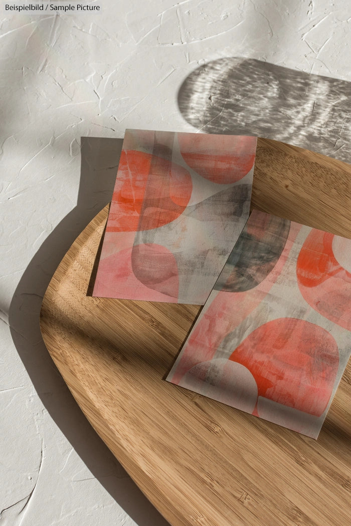 Two abstract art prints with large red and gray circles on a wooden tray, casting shadows on a textured white surface.