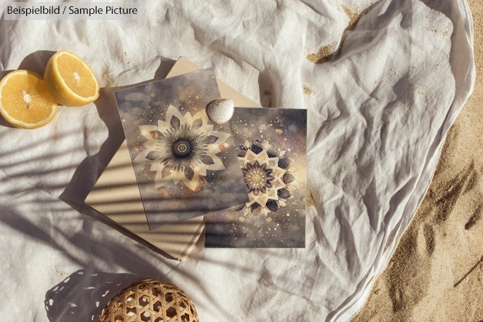 Two mandala cards on sandy fabric with halved lemons and a seashell.