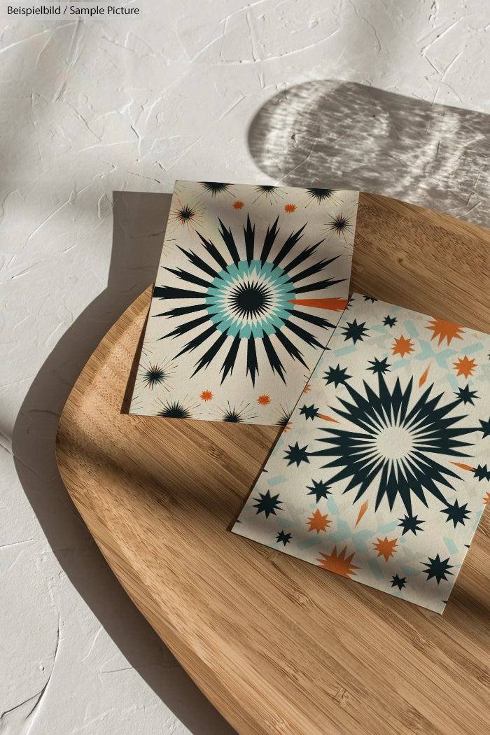 Two starburst pattern postcards on a wooden tray, one teal and orange, the other dark green and orange, on a textured surface.