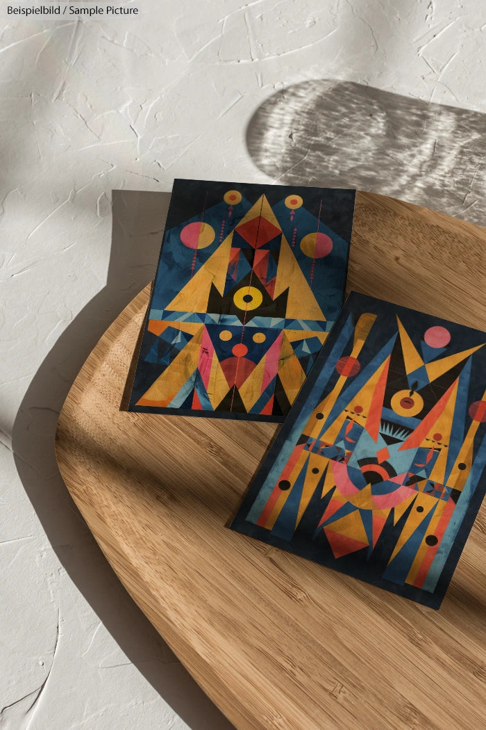 Two geometric abstract paintings with triangles and circles on a wooden surface.