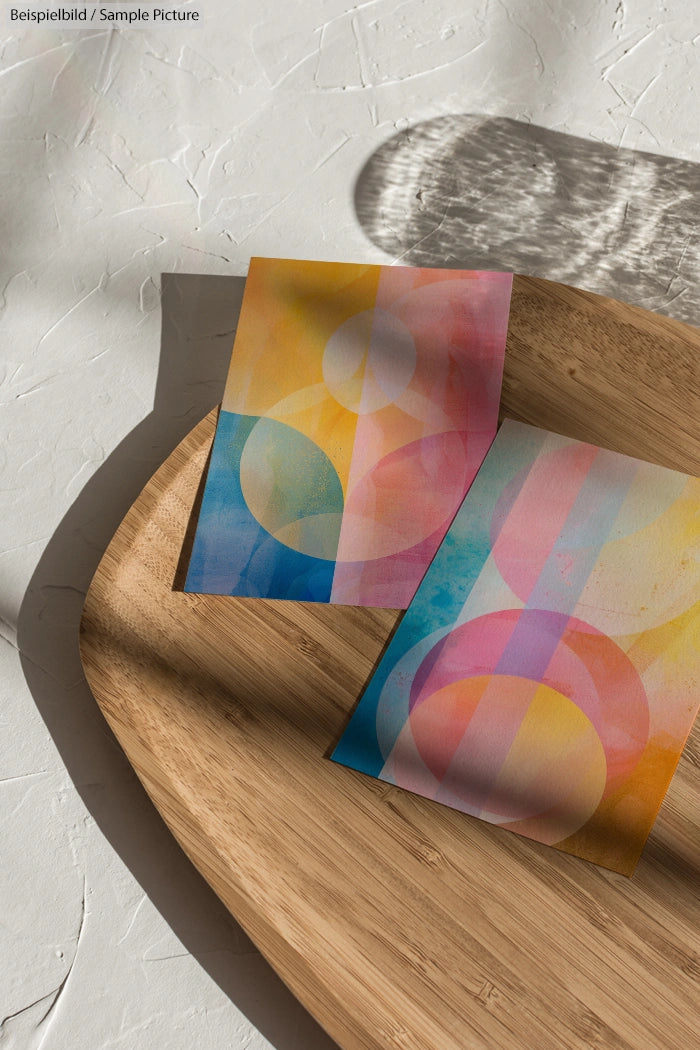 Abstract geometric art prints with pastel circles on a wooden tray, casting shadows on a textured white surface.