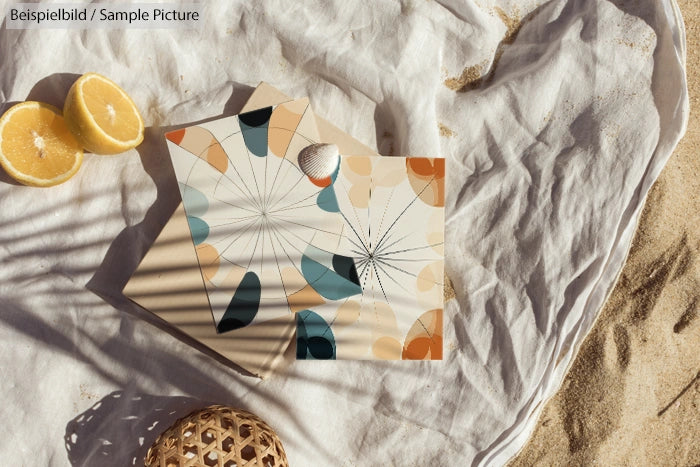 Abstract geometric art posters with leaves on a sandy beach, accompanied by halved lemons and a woven wicker decoration.