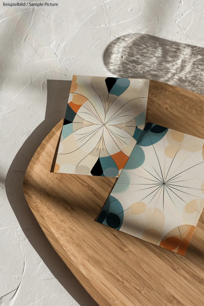 Two abstract art prints with geometric patterns on a wooden tray in sunlight.