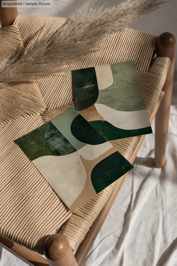 Abstract green and beige paintings on a woven chair with a dried pampas grass accent.