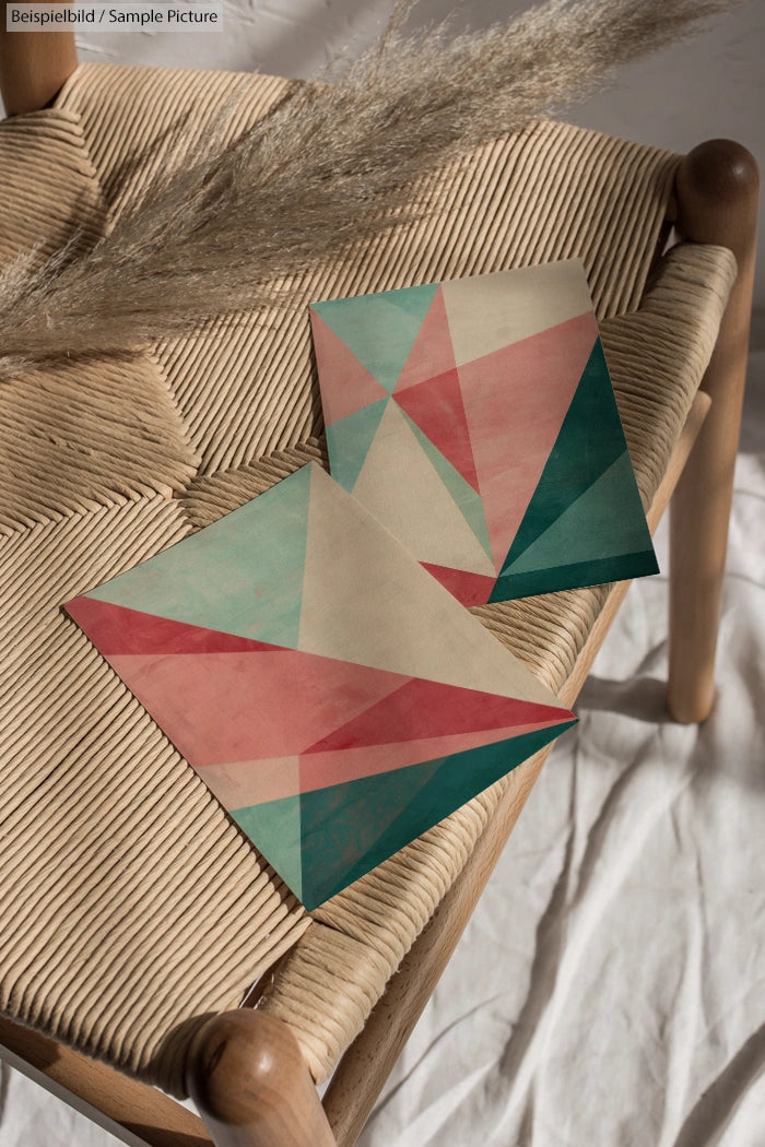 Two geometric abstract prints with pink and green triangles on a woven chair in soft natural light.