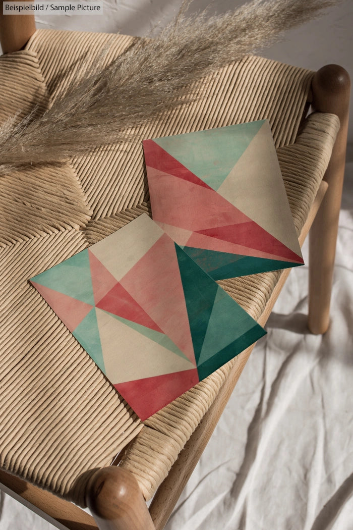 Two geometric abstract artworks with red, green, and beige triangles on a woven chair next to pampas grass.