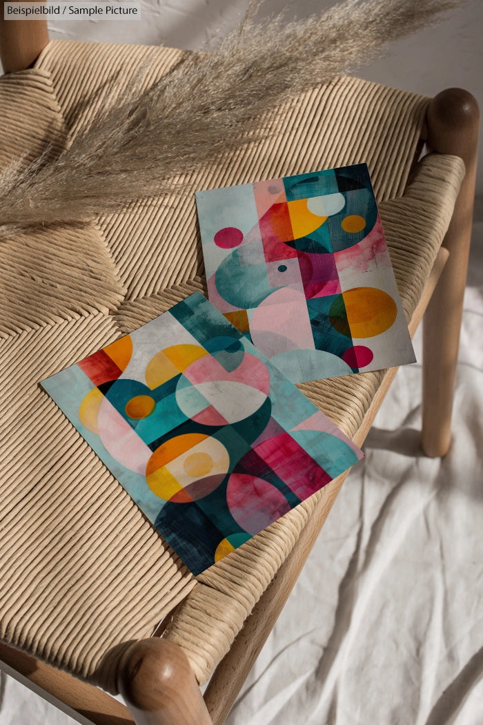 Two colorful abstract paintings with geometric shapes on a woven chair, sunlight casting shadows.