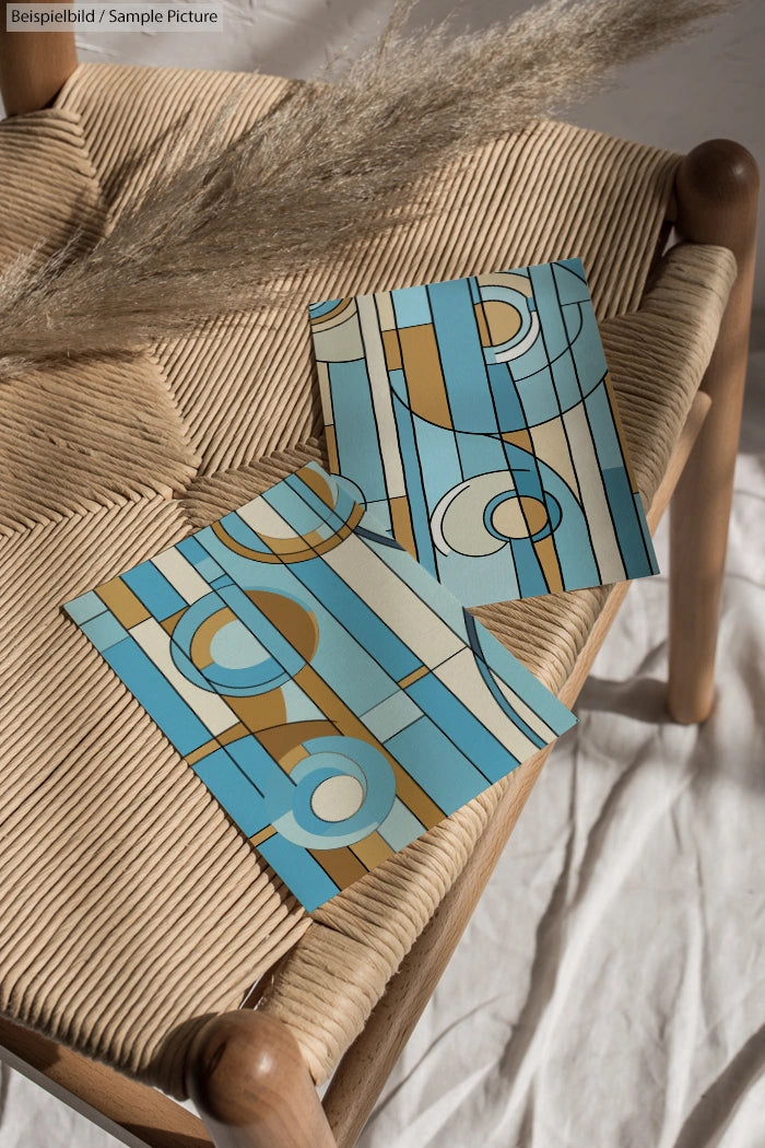 Two abstract blue and gold patterned cards on woven chair with dried pampas grass.