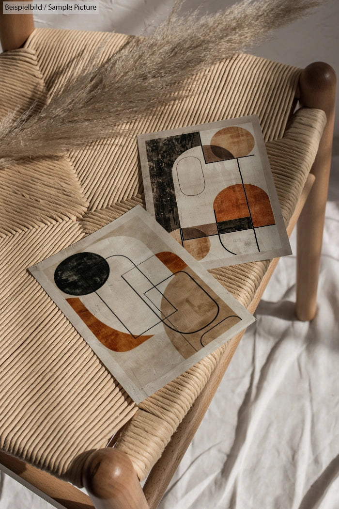 Two abstract geometric art pieces on a woven chair with neutral tones and dried pampas grass.