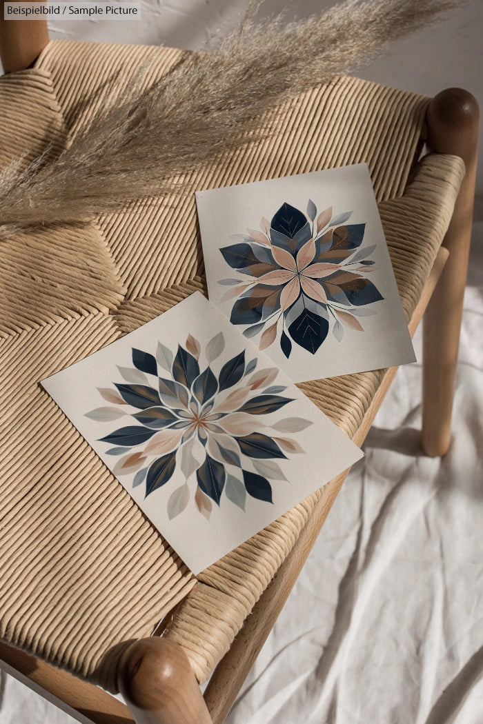 Two floral pattern artworks on a wicker chair with dried grass decoration.