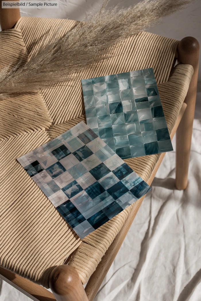 Two mosaic tile samples in shades of blue placed on a woven chair.