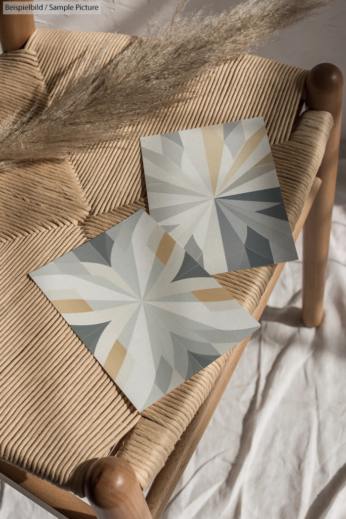 Abstract geometric artwork with gray and beige tones on a woven chair seat, accented by dried grass.