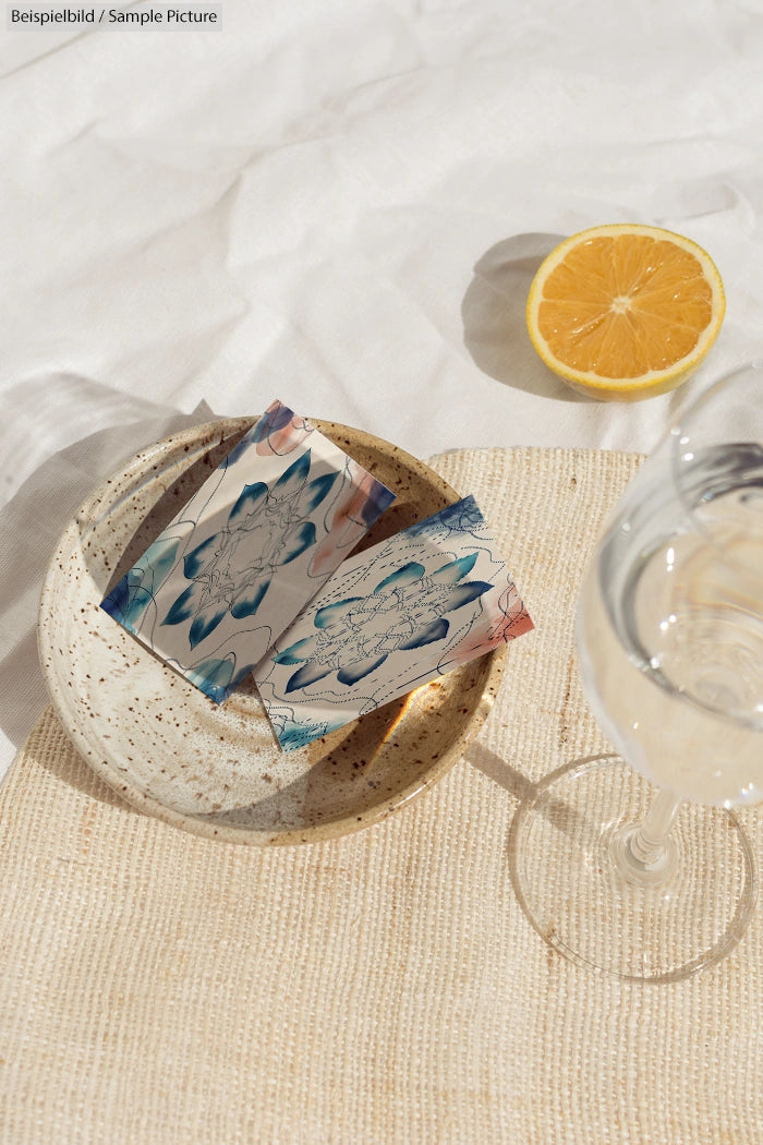 Two tarot cards in a ceramic bowl with a halved orange and a glass of water on a sunny table setting.