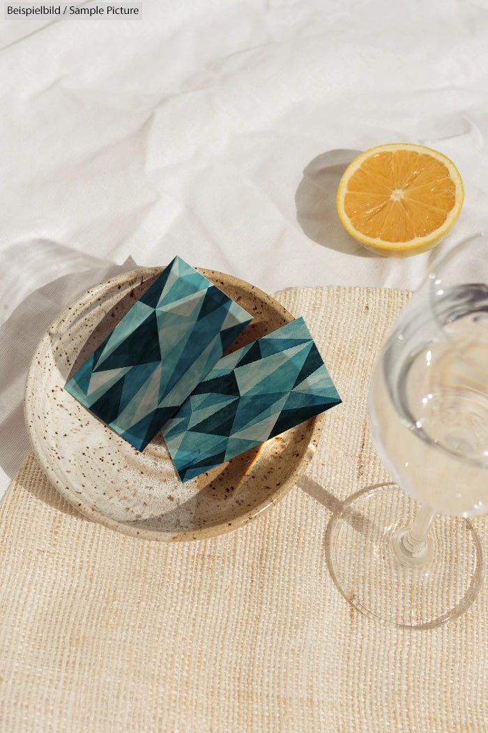 Geometric teal cards on ceramic plate, half orange, and a glass of water on a textured fabric background.