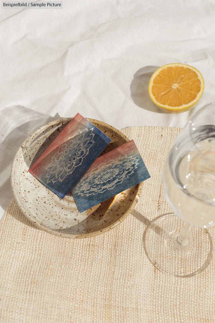 Sliced orange, speckled bowl with cards, and a glass with water on a linen cloth.