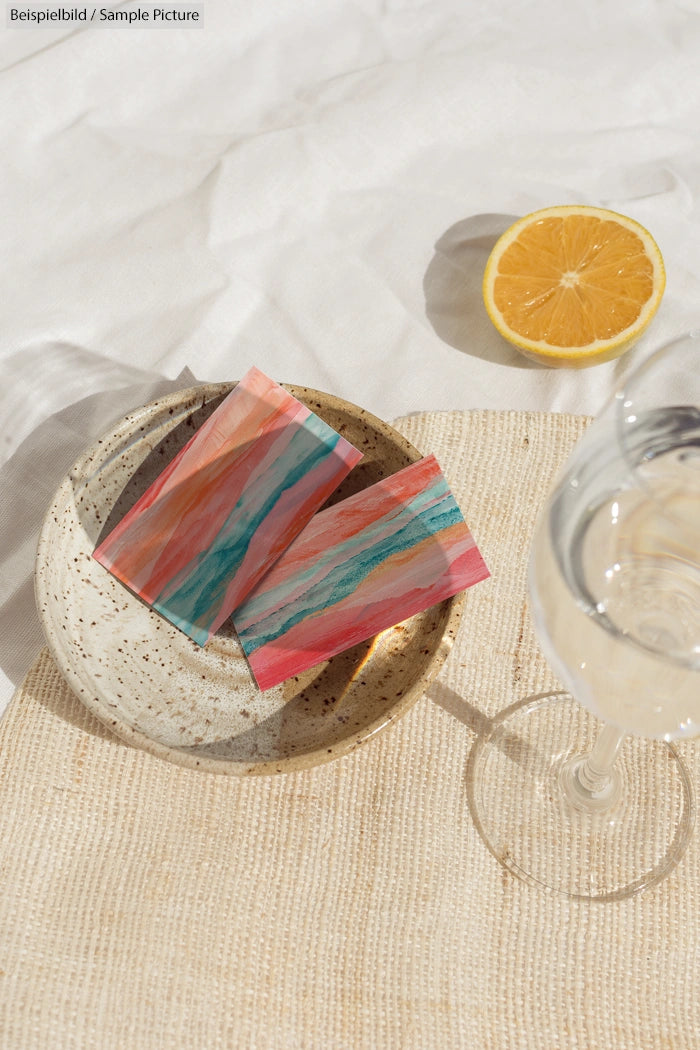 Colorful abstract cards in a speckled bowl beside a halved lemon and a glass, set on a textured beige surface.