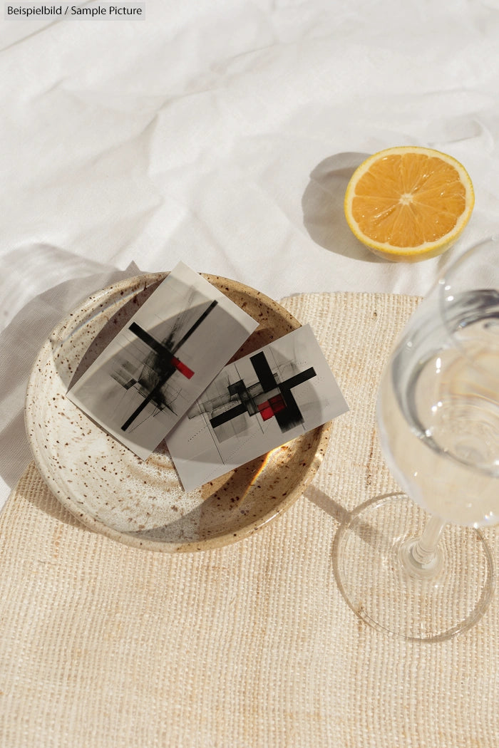 Abstract art prints on a ceramic plate with a half lemon and a glass of water in the sunlight.