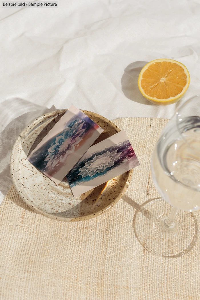 Abstract art postcards in a ceramic bowl beside a glass of water and a sliced orange on a white tablecloth.