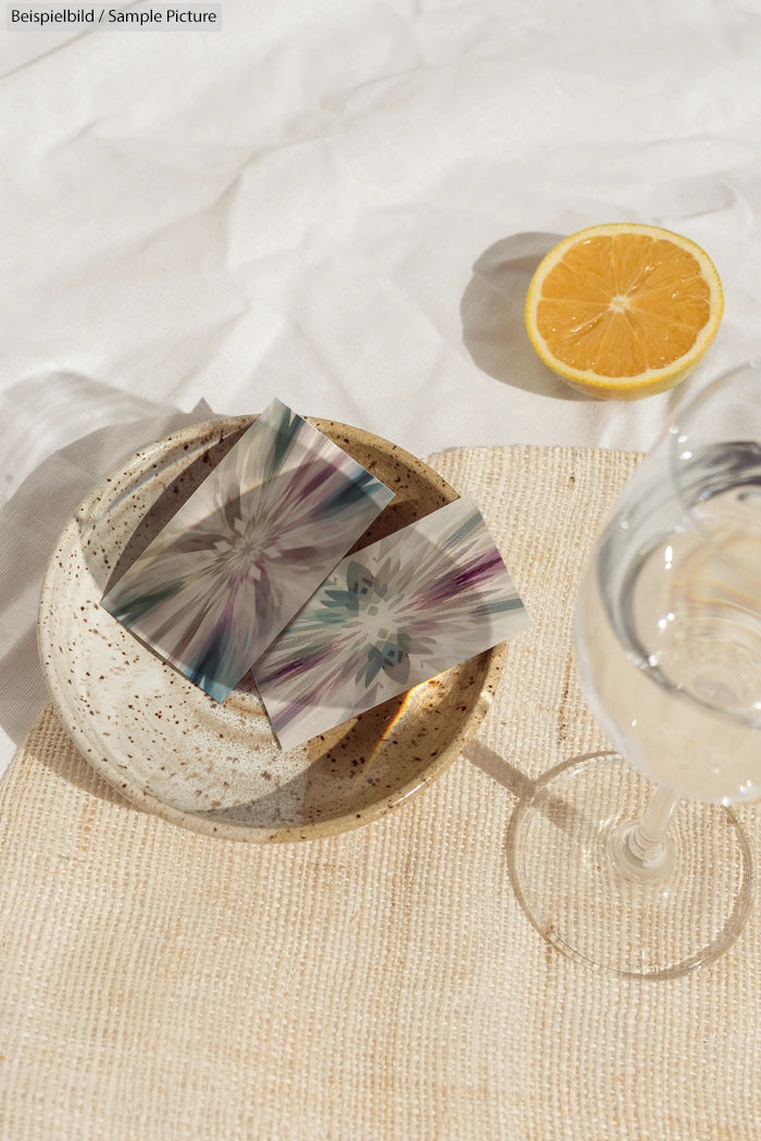 Ceramic dish with two abstract art cards, beside a sliced lemon and a glass of water on a textured surface.