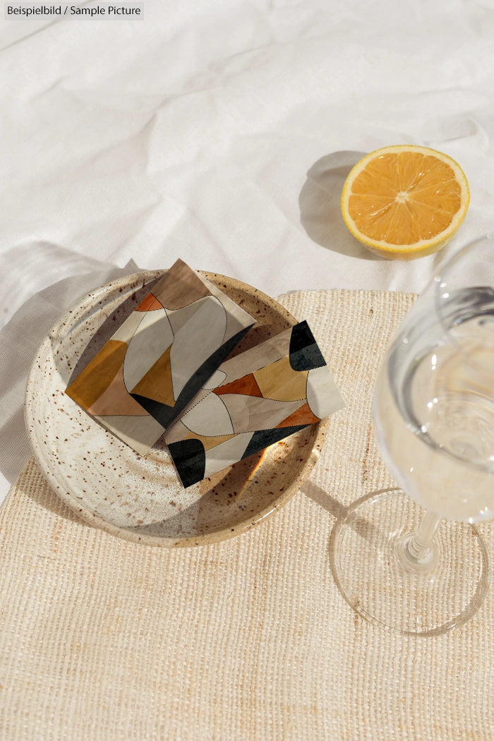 Ceramic plate with abstract patterned cards, slice of orange, and a glass of water on a textured fabric surface.